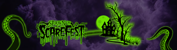 Spawn of Scarefest logo, cartoon style hotel, fence and spooky tree. two tentacles on either side