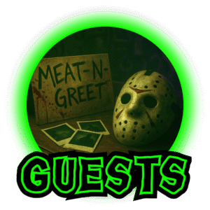 A blood-spattered cardboard sign reading “Meat-N-Greet” sits beside a worn hockey mask resembling a slasher icon. Polaroid photos lie scattered on the table. The scene is lit by a green glow with the word “Guests” beneath it.