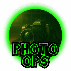 A vintage DSLR camera rests on a dark table, its lens catching a faint green reflection. A metal tag with a tentacled emblem lies nearby. The circular frame glows neon green with “Photo-Ops” written below.
