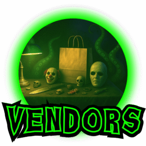 A tabletop display featuring a shopping bag, clown mask, skull props, coins, and horror-themed trinkets. Green-lit tentacles rise in the background, and the scene is encircled by a neon-green glow with “Vendors” below.