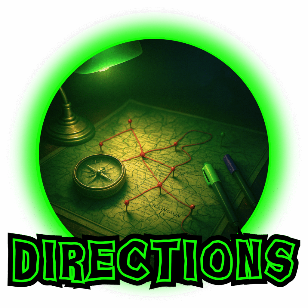 A map of Lexington lit by a green desk lamp, marked with red string and push pins forming a winding route. A compass and markers rest nearby, all surrounded by a neon-green circular frame with the word “Directions” below.