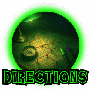 A map of Lexington lit by a green desk lamp, marked with red string and push pins forming a winding route. A compass and markers rest nearby, all surrounded by a neon-green circular frame with the word “Directions” below.