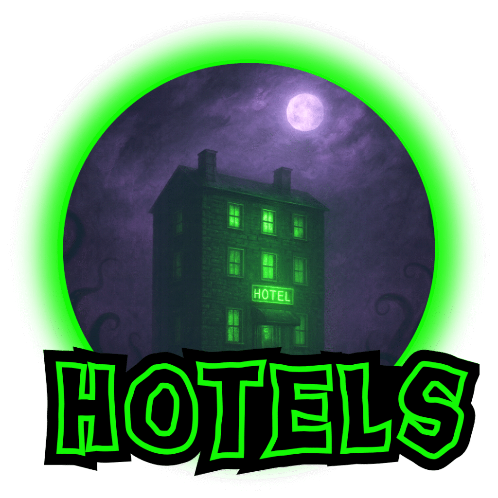 A spooky multi-story hotel with glowing green windows under a full moon in a purple night sky, surrounded by faint tentacles. A neon-green circular frame encloses the image with the word “Hotels” below.