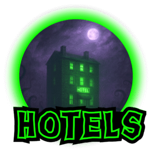 A spooky multi-story hotel with glowing green windows under a full moon in a purple night sky, surrounded by faint tentacles. A neon-green circular frame encloses the image with the word “Hotels” below.