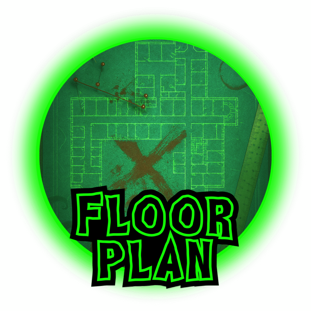 A blueprint-style floor plan marked with red pins and a large red “X,” suggesting a key location. The layout sits under a neon-green circular frame with the label “Floor Plan” below.