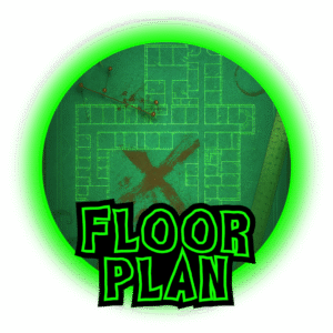 A blueprint-style floor plan marked with red pins and a large red “X,” suggesting a key location. The layout sits under a neon-green circular frame with the label “Floor Plan” below.