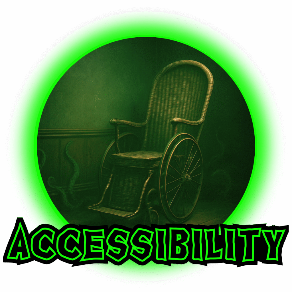 A vintage wicker wheelchair sits in a dim, eerie room with faint tentacles curling from the shadows. The scene is framed by a glowing neon-green circle with the word “Accessibility” below.