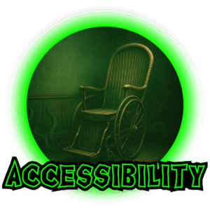 A vintage wicker wheelchair sits in a dim, eerie room with faint tentacles curling from the shadows. The scene is framed by a glowing neon-green circle with the word “Accessibility” below.