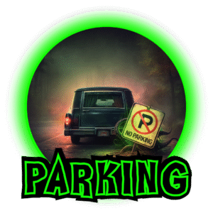A retro black hearse sits on a foggy road at night, illuminated by eerie green light. Beside it, a tentacled creature holds a tilted “No Parking” sign. The word “PARKING” appears below in bold neon-green horror-style lettering.