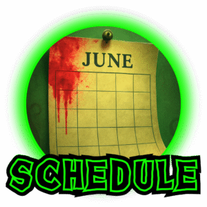 A June calendar page pinned to a board, splattered with red blood marks in the top corner. The scene sits within a neon-green circular frame with the word “Schedule” underneath.