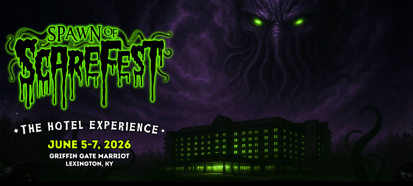 A dark, eerie illustration promoting Spawn of ScareFest: The Hotel Experience. The image shows a looming, tentacled cosmic-horror creature with glowing green eyes emerging from swirling purple clouds above the Griffin Gate Marriott in Lexington, Kentucky. The hotel’s windows glow an unnatural green, adding to the supernatural atmosphere. The event title “Spawn of ScareFest” appears in dripping neon-green horror lettering, with the dates June 5–7, 2026 and the location displayed below.