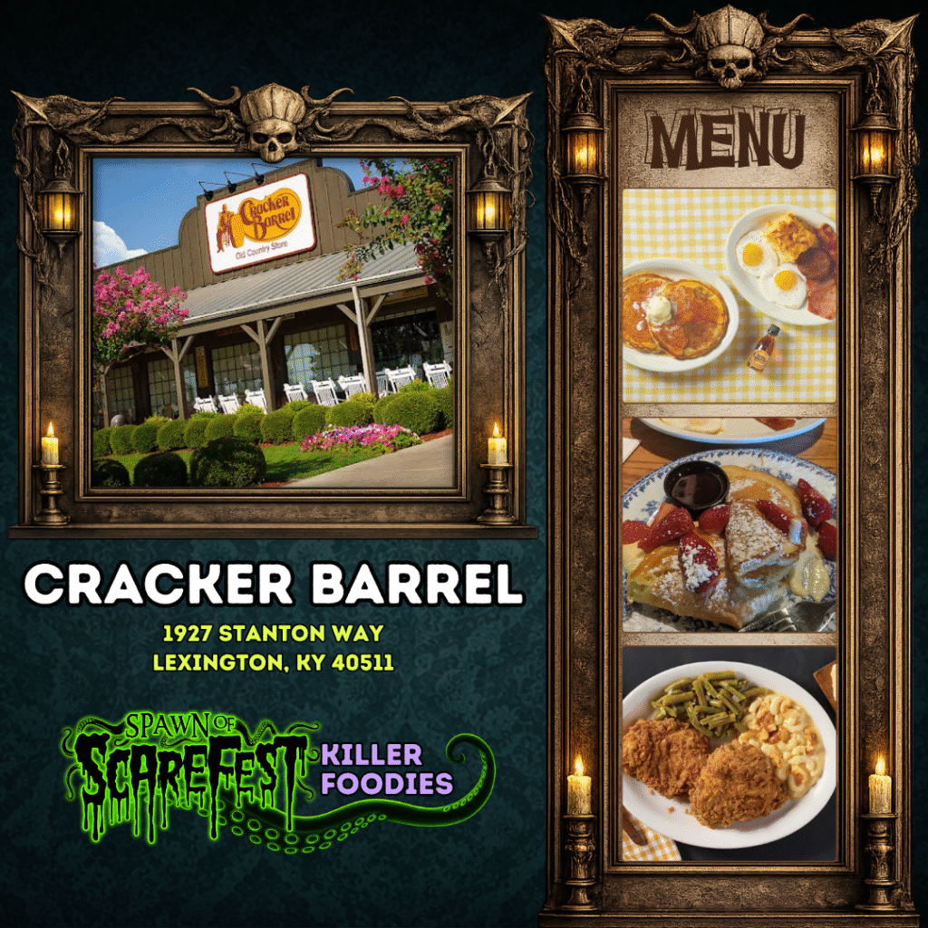 Exterior of Cracker Barrel restaurant with images of breakfast and comfort food dishes.