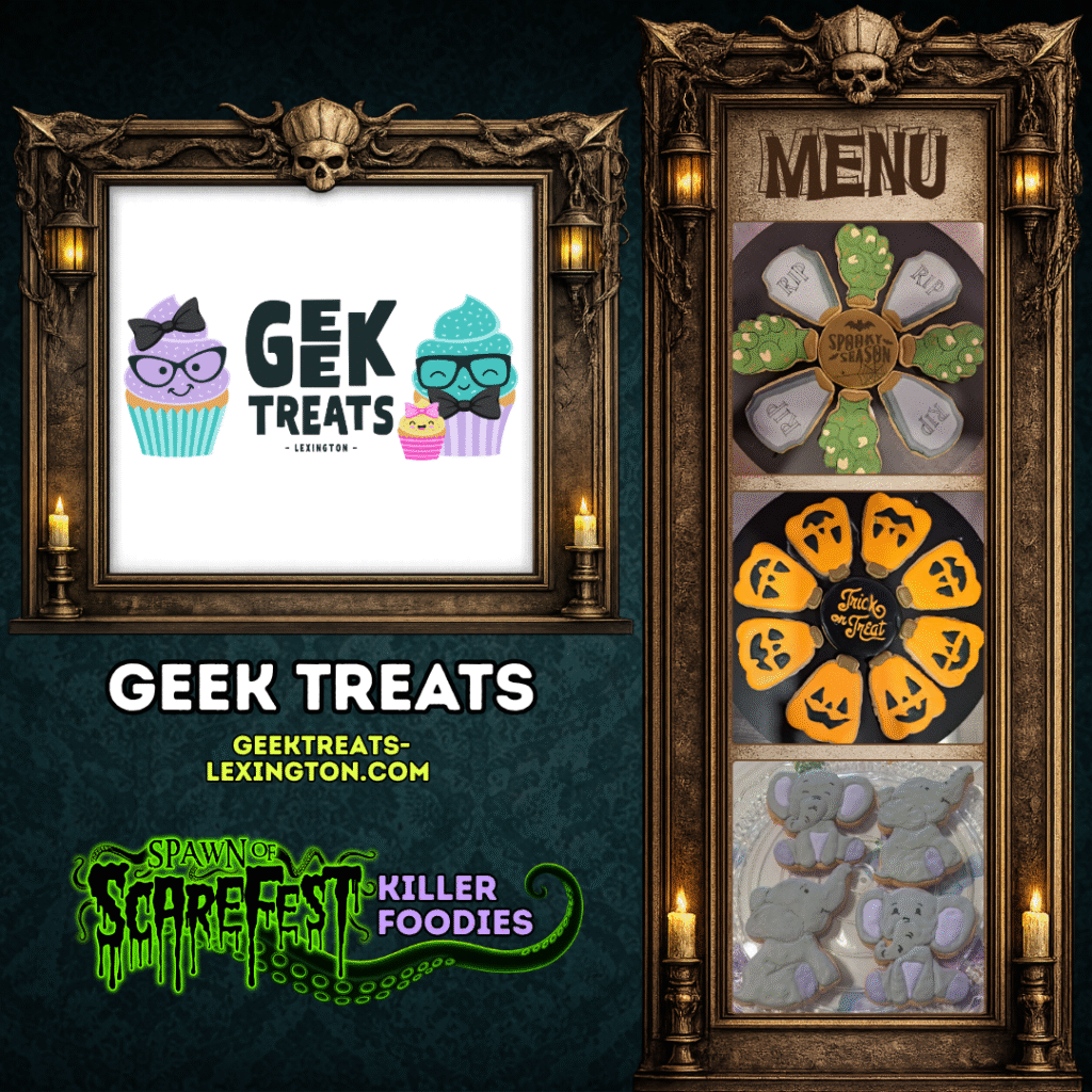 Logo for Geek Treats Lexington with cartoon cupcake characters and Halloween-themed decorated cookies displayed.