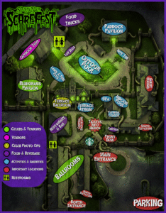 Alt text: Illustrated map graphic for Spawn of ScareFest at the Marriott Griffin Gate Resort & Spa. The map uses a dark horror-themed style with glowing green lighting, tentacles winding around buildings and pathways, and a purple border framing the image. The Spawn of ScareFest logo appears at the top left in dripping neon green text. The map labels major event areas and hotel amenities with color-coded oval markers: Green markers indicate celebrity and vendor areas, including Ballrooms and Bluegrass Pavilion. Pink markers indicate vendor-specific areas, including the Outdoor Tent. Yellow markers indicate celebrity photo ops, including Terrace Ballroom. Purple markers indicate food and beverage locations, including Food Trucks, Restaurant & Bar, and Canteen. Blue markers indicate activities and amenities, including Outdoor Pool, Indoor Pool, Hot Tub, Spa, Fitness Center, Terrace Atrium, Lawn & Fire Pits, and Paddock Pavilion. Red markers indicate important locations, including Main Entrance, North Entrance, Front Desk, Tickets/Info/Merch, Guest Rooms, and North and South Elevators. Neon yellow restroom icons appear near the Outdoor Tent and Ballrooms. The center of the map features a glowing green outdoor pool surrounded by cracked stone pathways and labeled areas such as Top Deck and Hot Tub. Ballrooms are located toward the lower left side of the map, while Guest Rooms are on the right side. Parking is labeled in large red-and-white text at the bottom right. The overall design resembles a haunted resort map with Lovecraftian horror elements.