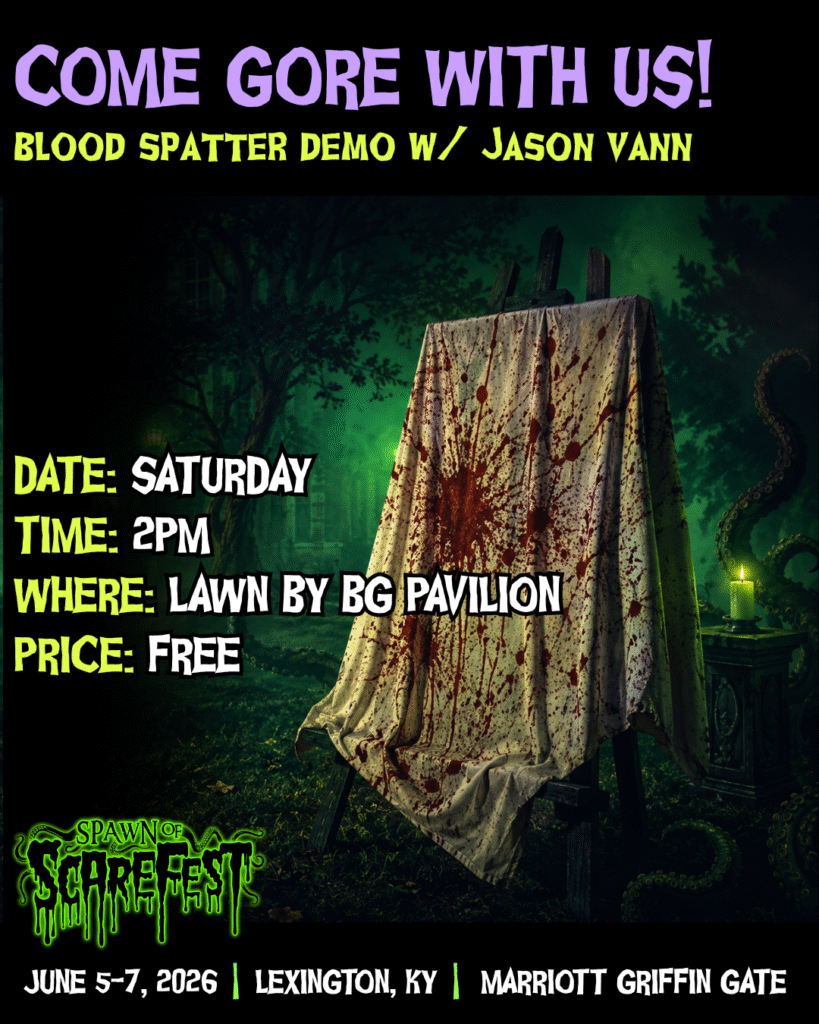 Blood spatter, saturday 2pm on bluegrass pavilion lawn, free